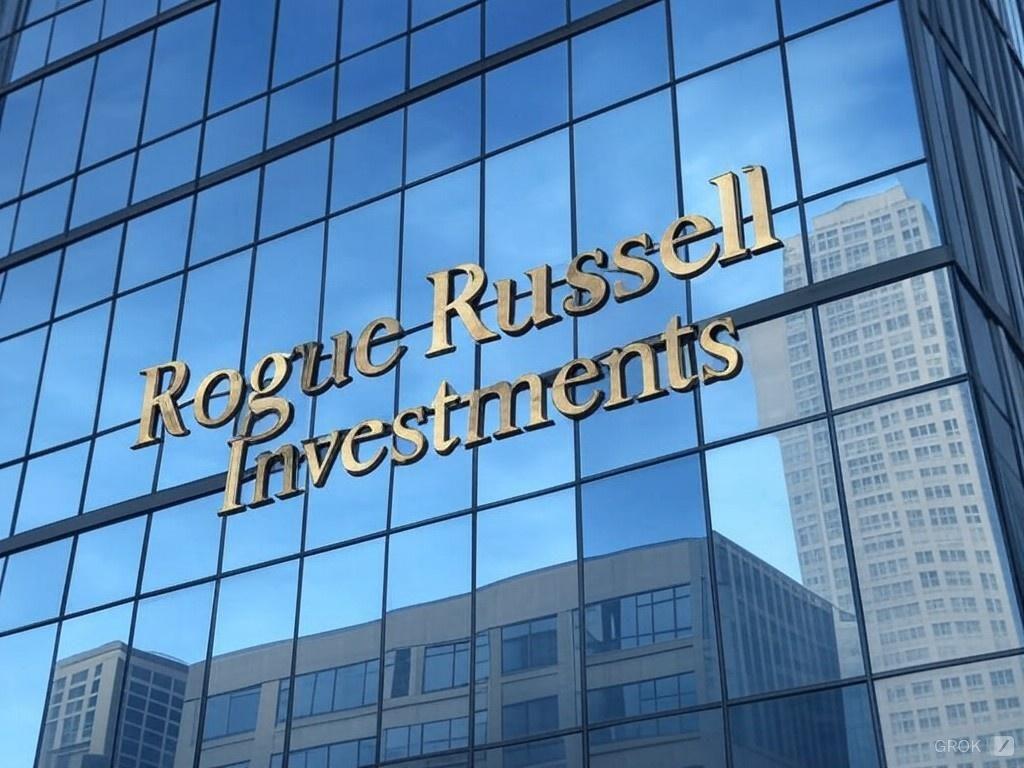 Glass building exterior reflecting sky, with 'Rogue Russell Investments' in gold letters.